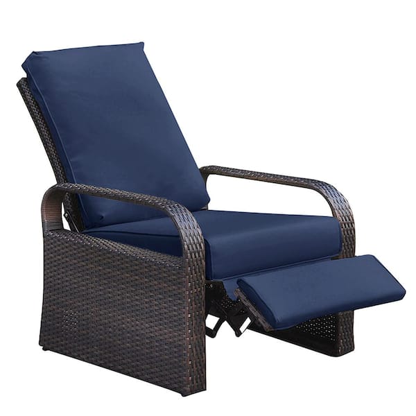 ART TO REAL Wicker Outdoor Patio Adjustable Recliner Chair with Navy Thick Cushions, Rust-Resistant Aluminum Frame