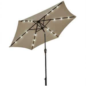 9 ft. Iron Market Solar LED Lighted Tilt Patio Outdoor Umbrella in Tan with Crank Lift