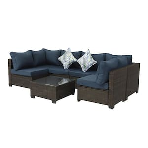 7-Piece Brown Wicker Outdoor Patio Sectional Sofa Conversation Set with Dark Blue Cushions and 1-Coffee Table