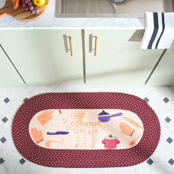 Braided Posters Ivory/Burgundy Red 2 ft. x 4 ft. Machine Washable Cooking Love Oval Area Rug