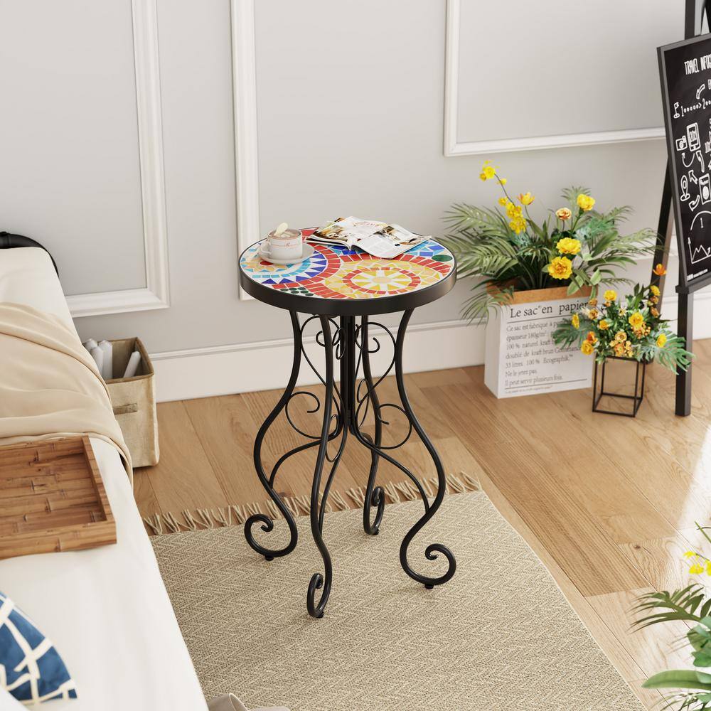 Colorful Ceramic Tile Floral Design Outdoor Accent Table with Black Iron Frame