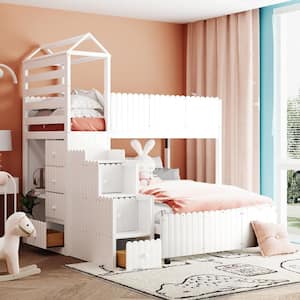 White Stairway Twin Over Full Bunk Bed, House Bed with 2-Shelves and Seven Drawers