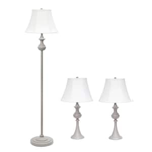 Traditionally Crafted Gray Lamp Set (2-Table Lamps, 1-Floor Lamp) with White Shades (3-Pack)