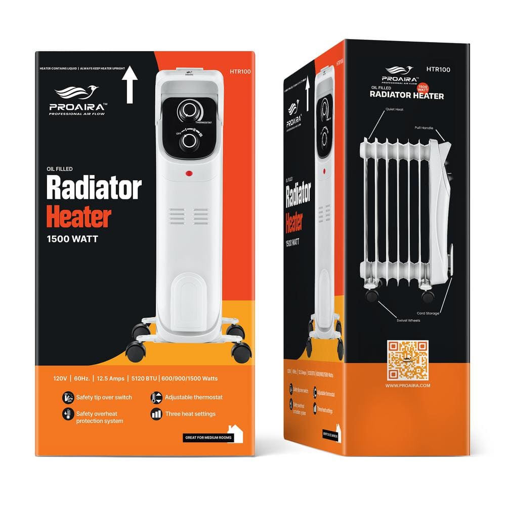 White Compact Radiant Heater with Thermostat and Safety Features