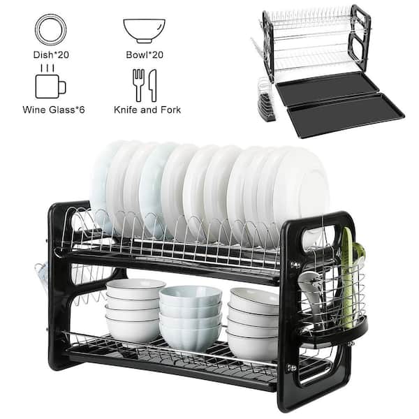 iSPECLE 2 Tier Dish Rack for Kitchen Stainless Steel Dish Drainer with Water Tray Cutlery Holder, Black