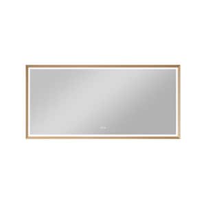 84 in. W x 40 in. H Rectangular Brushed Framed Back Light and Front Light LED Wall Mount Bathroom Vanity Mirror in Gold