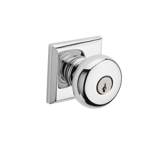 Baldwin Reserve Round Polished Chrome Keyed Entry Door Knob with Traditional Square Rose