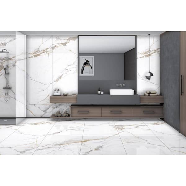 Calle Sol 32 in. W x 96 in. H Glue Up Porcelain Shower Panel Polished White Tile 4 Set( 82.69 sq. ft. / Case)