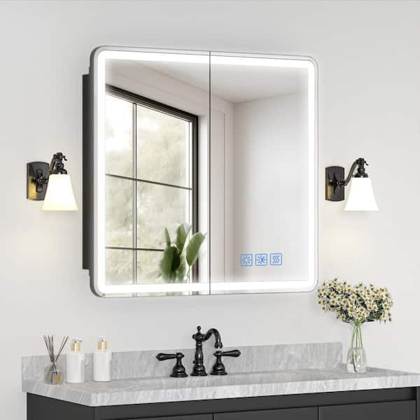 36 in. W x 32 in. H Rectangular 3 Color Dimmable LED Light Surface/Recessed Medicine Cabinet with Mirror