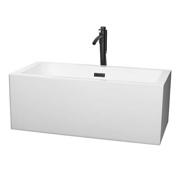 Wyndham Collection Melody 59.5 in. Acrylic Flatbottom Bathtub in White with Matte Black Trim and Faucet