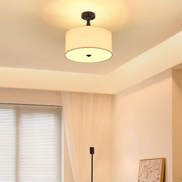 15 in. 3-Light Black Drum Dimmable Semi-Flush Mount Ceiling Light with White Fabric Shade and No Bulbs Include
