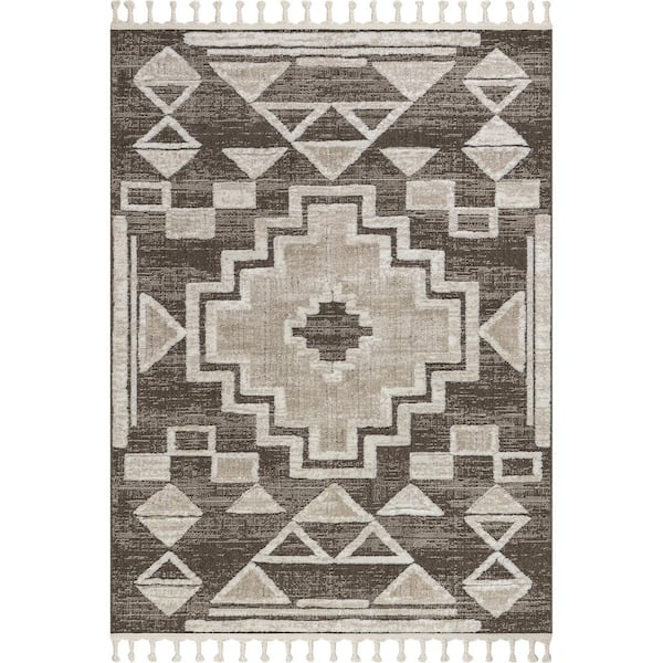 Gatsby Southwestern Tasseled Brown 10 ft. x 13 ft. Indoor/Outdoor Patio Area Rug