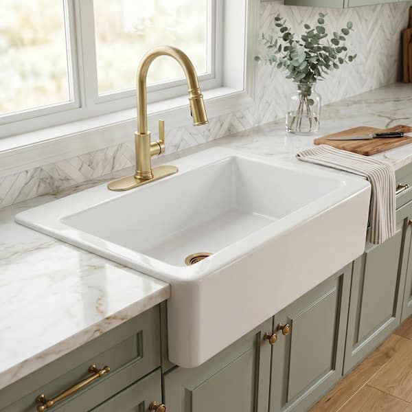 Parker 34 in. Quick-Fit Farmhouse/Apron Front Drop-in Single Bowl Crisp White Traditional-Style Fireclay Kitchen Sink