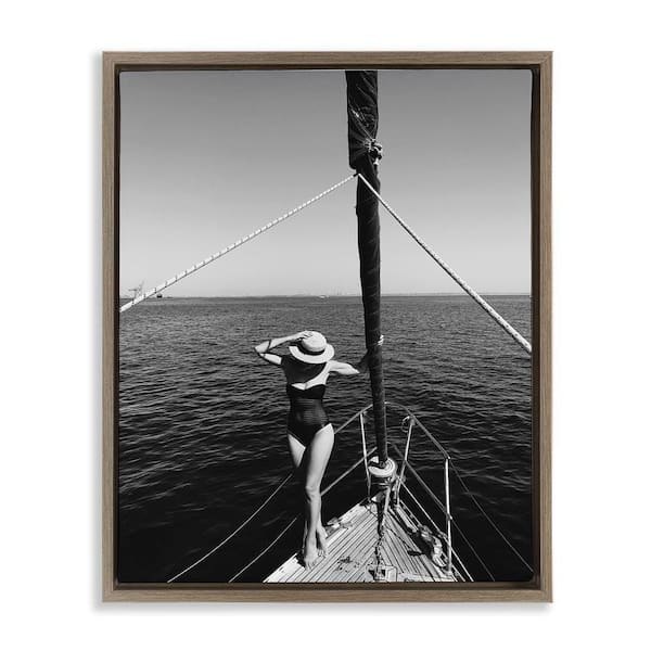 Stupell Industries Woman Posing on Boat by LSR Design Studio Brown Floater Frame People Graphic Art Print 21 in. x 17 in.