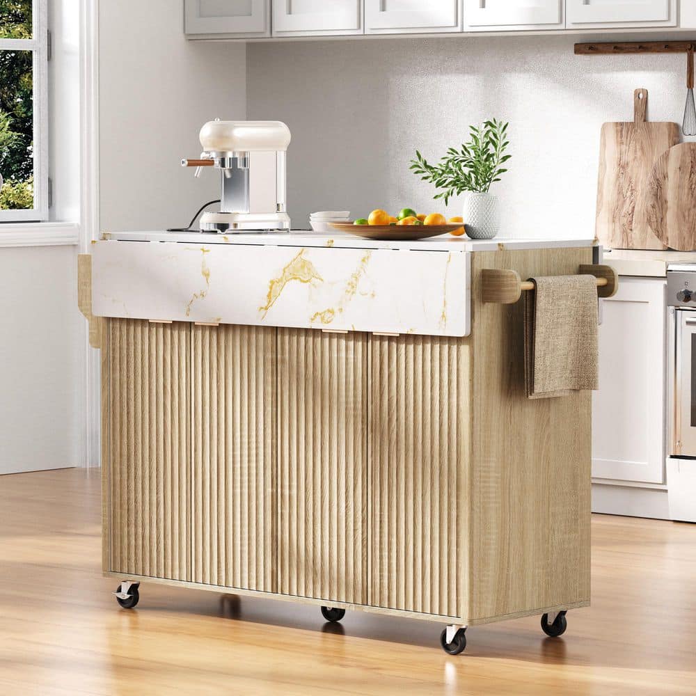Rolling Fluted Nature Drop Leaf Wood Top 55.5 in. Kitchen Island with Power Outle price history on PriceWatchPro