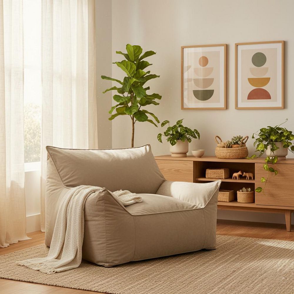 Blap Warm Taupe Large Velvet Bean Bag Chair with Armrests and Removable Machine-Washable Cover