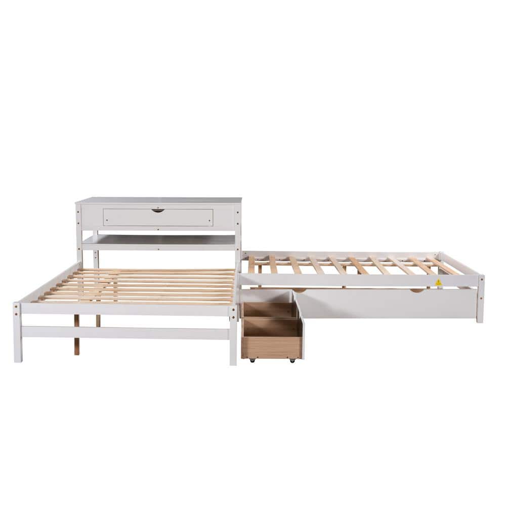 134.90 in W White Full Size L-shaped Platform Beds with Twin Size Trundle