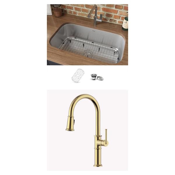 Parmi 31 in. Undermount Stainless Steel Kitchen Sink with Idris Brushed Gold Pull Down Kitchen Faucet Combo