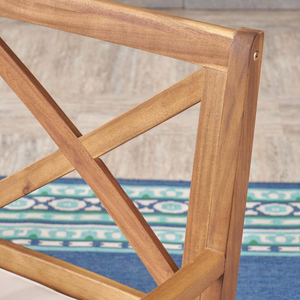 Teak Brown Wooden Dining Arm Chair with Cream Cushions