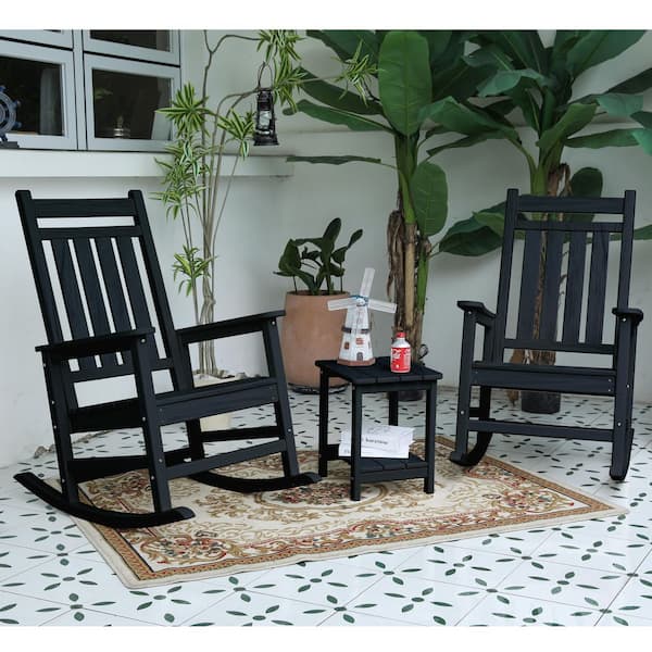 Black 3-Piece All Weather Plastic Outdoor Bistroor Set with Ergonomic Backrest and Side Table