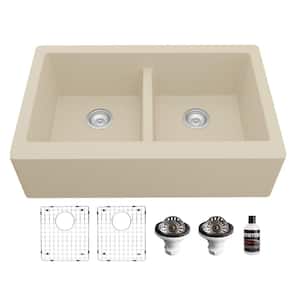QA-750 Quartz/Granite 34 in. Double Bowl 50/50 Farmhouse/Apron Front Kitchen Sink in Bisque with Grid and Strainer