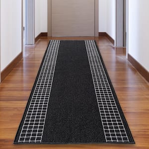 Checkered Bordered Black Color 26 in. Width x Your Choice Length Custom Size Roll Runner Rug/Stair Runner