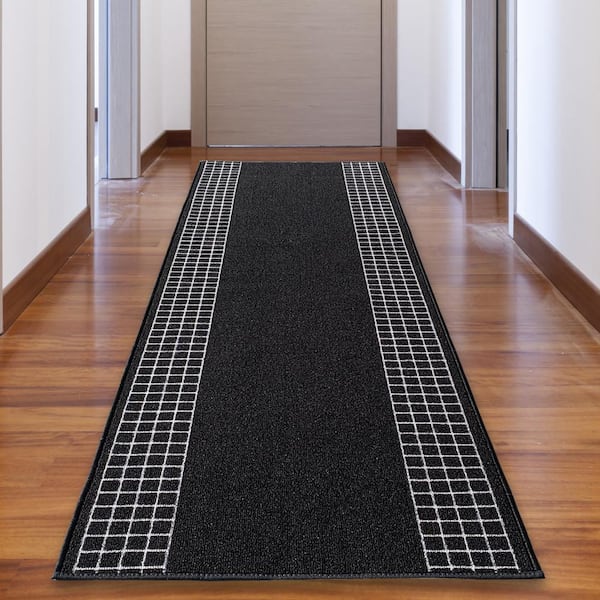 Unbranded Checkered Bordered Black Color 26 in. Width x Your Choice Length Custom Size Roll Runner Rug/Stair Runner