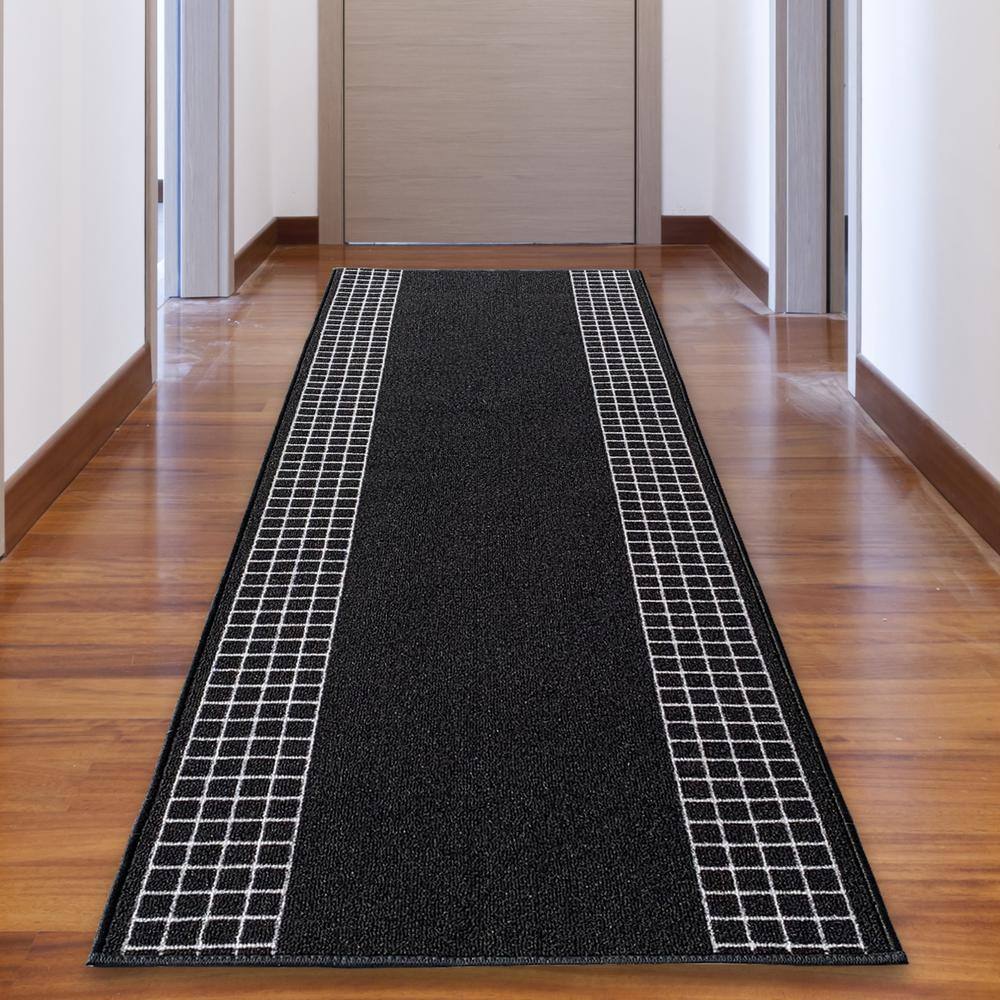 PLAYA RUG Checkered Border Black 26 in. W x 47 ft. L Runner Rug/Stair ...