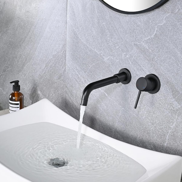 Swivel 8 in. Single Handle Wall Mounted Faucet with Flange and Rough-in Valve Bathroom Faucet in Matte Black