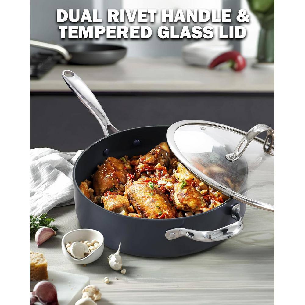 10.5-inch Black Aluminum Nonstick Deep Sauté Pan with Lid