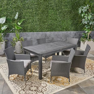 Nadia Grey 7-Piece Wood and Plastic Outdoor Dining Set with Silver Cushions
