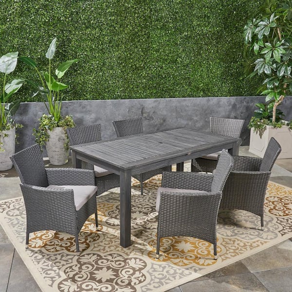 Noble House Nadia Grey 7-Piece Wood and Faux Rattan Outdoor Dining Set with Silver Cushions