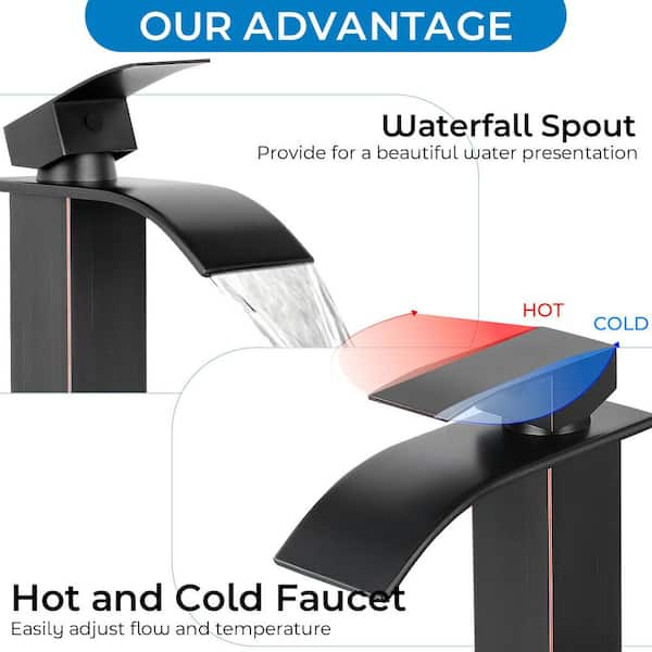 Waterfall Spout Single Handle Single Hole Bathroom Faucet with Deckplate and Pop-up Drain in Oil Rubbed Bronze