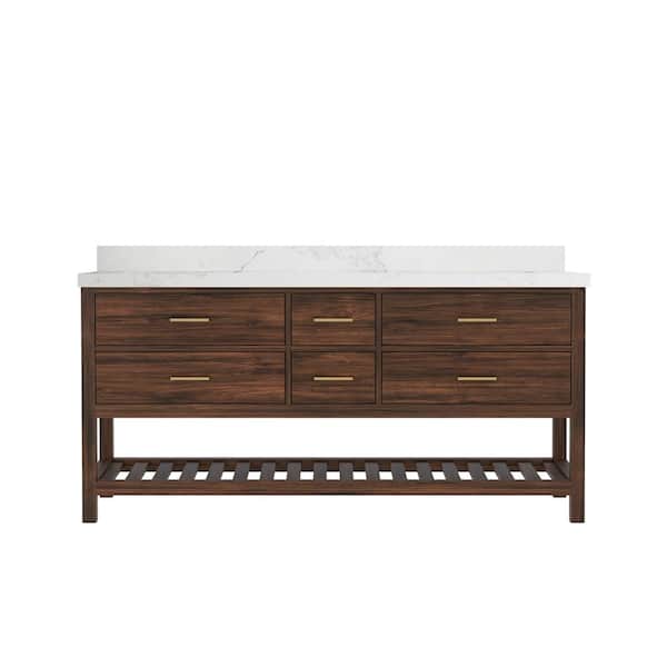 Willow Collections Parket Teak 72 in. W x 22 in. D x 36 in. H Double Sink Bath Vanity in Dark Walnut with Calacatta Nuvo Qt. Top