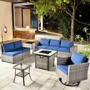 Tahoe Grey 9-Piece Wicker Patio Fire Pit Conversation Sofa Set with a Swivel Rocking Chair and Navy Blue Cushions