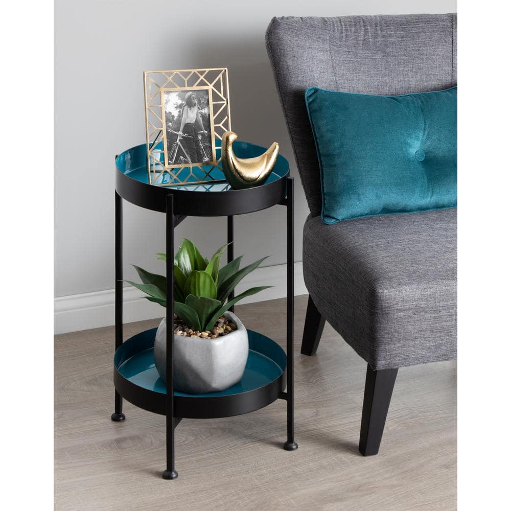 Nira Black and Teal Round Metal Two-Tier Side Table