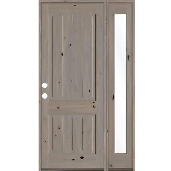 Krosswood Doors 44 in. x 96 in. Rustic knotty alder 2 Panel Right-Hand/Inswing Clear Glass Grey Stain Wood Prehung Front Door with RFSL