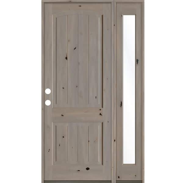 Krosswood Doors 46 in. x 96 in. Rustic knotty alder 2 Panel Right-Hand/Inswing Clear Glass Grey Stain Wood Prehung Front Door with RFSL