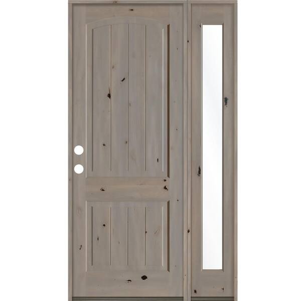 Krosswood Doors 50 in. x 96 in. Rustic knotty alder 2 Panel Right-Hand/Inswing Clear Glass Grey Stain Wood Prehung Front Door with RFSL