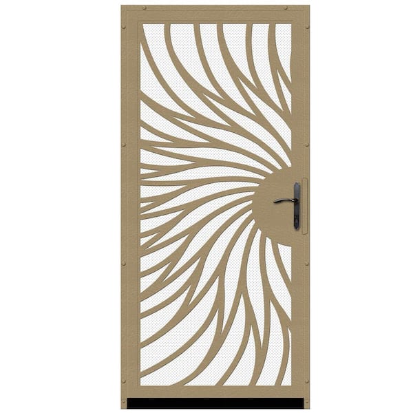 Unique Home Designs 36 in. x 80 in. Solstice Tan Surface Mount Steel Security Door with White Perforated Screen and Bronze Hardware