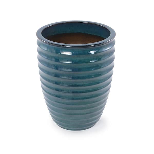 17 in. Round Green Ceramic Planter,  Horizontal Ripple Texture, for Indoor and Outdoor Use