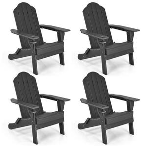4-Piece Patio Folding Plastic Adirondack Chair Weather Resistant Cup Holder Yard Black
