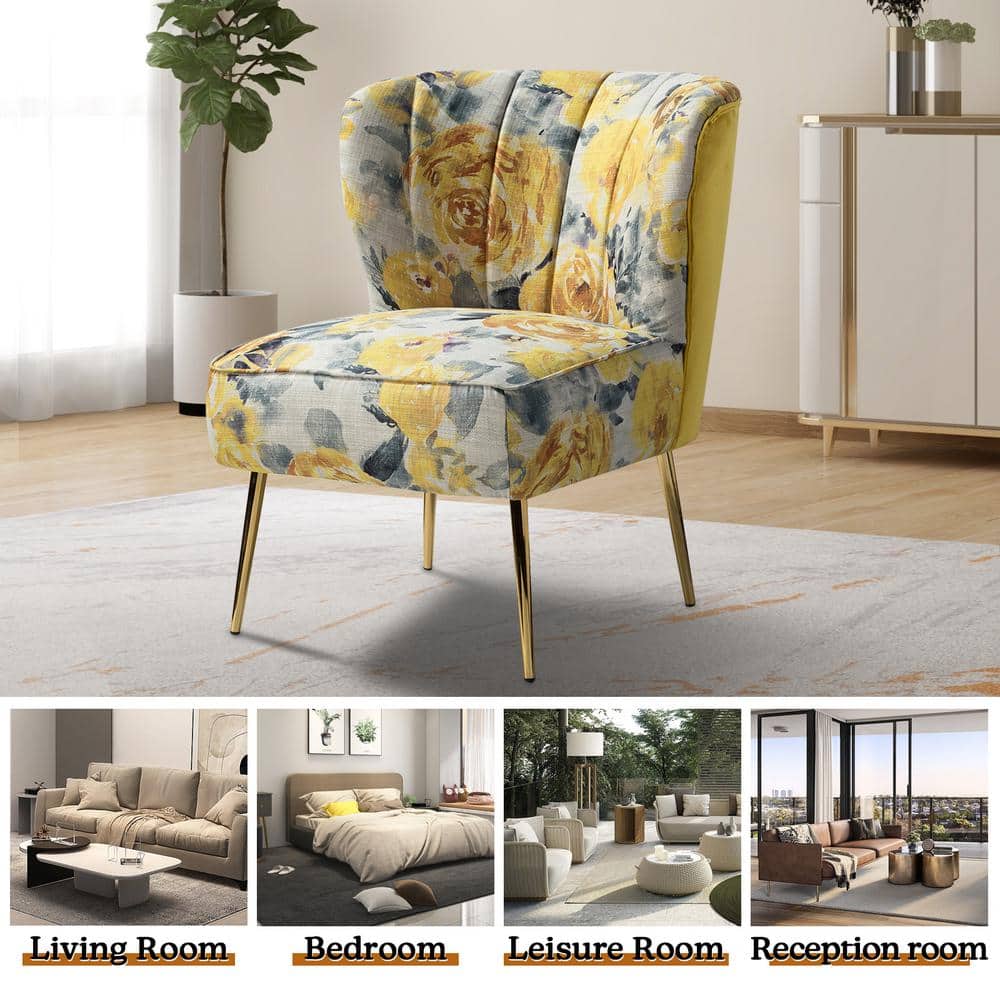 Yellow Floral Tufted Slipper Chair with Gold Metal Legs