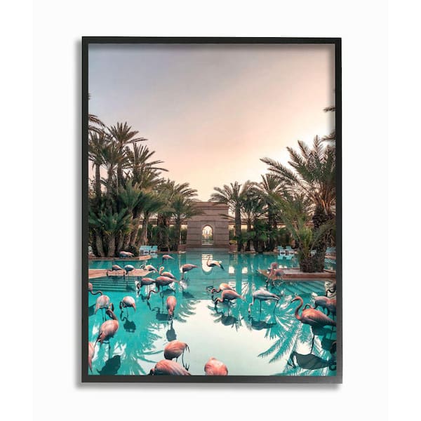 Stupell Industries "Tropical Pink Flamingo Pool Reflection Palm Trees" by Ziwei Li Framed Architecture Wall Art Print 16 in. x 20 in.