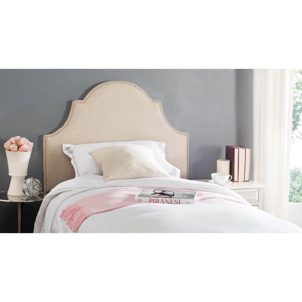 Hemp Linen Upholstered Twin Headboard with Silver Nailhead Trim