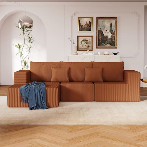 Modern 108.3 in. Square Arm 3-Piece L-Shaped Corduroy Modular Sectional Sofa in Reddish Brown with Chaise Lounge