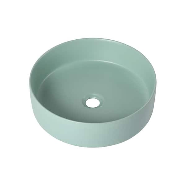 MYCASS Round Simple Ceramic Circular Bathroom Vessel Sink in Mint Green with Scratch Resistant