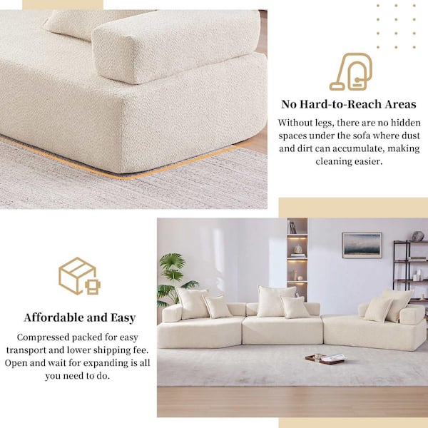 156 in. Square Arm Fabric Rectangle Sofa with Free Combination in Beige (3-Pieces)