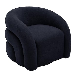 Dark Blue Boucle Polyester Fabric 360° Swivel Accent Barrel Armchair with Metal Base (Set of 1)