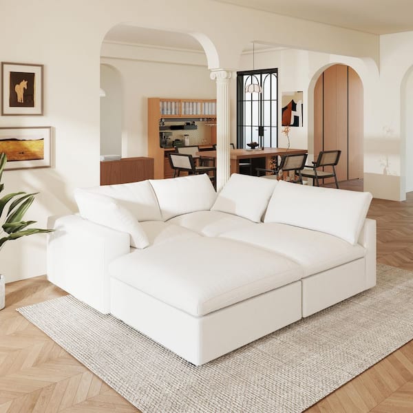 79 in. Modular White Linen Full Size 3-Seat Storage Sleeper Sofa Bed with Ottoman, Removable Cover for Small Spaces